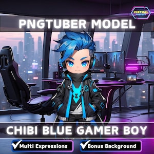 Gotowy model PNGTuber Chibi Blue Boy Model Vtuber Ładny mężczyzna PNG Vtuber Avatar Zasób strumienia do gier z bezpłatnym animowanym tłem Pokój Vtuber