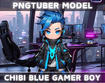 Premade PNGTuber Model Chibi Blue Boy Vtuber Model Cute Male PNG Vtuber Avatar Gaming Stream Asset With Free Animated background Vtuber Room