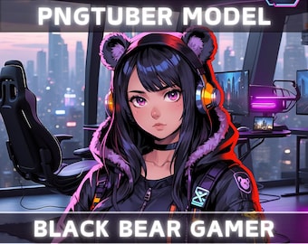 Premade PNGTuber Model Black Bear Girl Vtuber Model Cute Female PNG Vtuber Avatar Gaming Stream Asset Free Animated background Vtuber Room