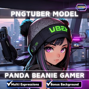 Prefabricado PNGTuber Modelo Panda Beanie Girl Vtuber Modelo Linda Mujer PNG Vtuber Avatar Gaming Stream Activo Fondo animado gratuito Sala Vtuber