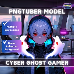 May include: A digital avatar of a young person with white hair and red eyes wearing a black hoodie and headphones. The avatar is in front of a computer setup with a cityscape background. The text "PNGTUBER MODEL" is at the top of the image and the text "CYBER GHOST GAMER" is at the bottom of the image.