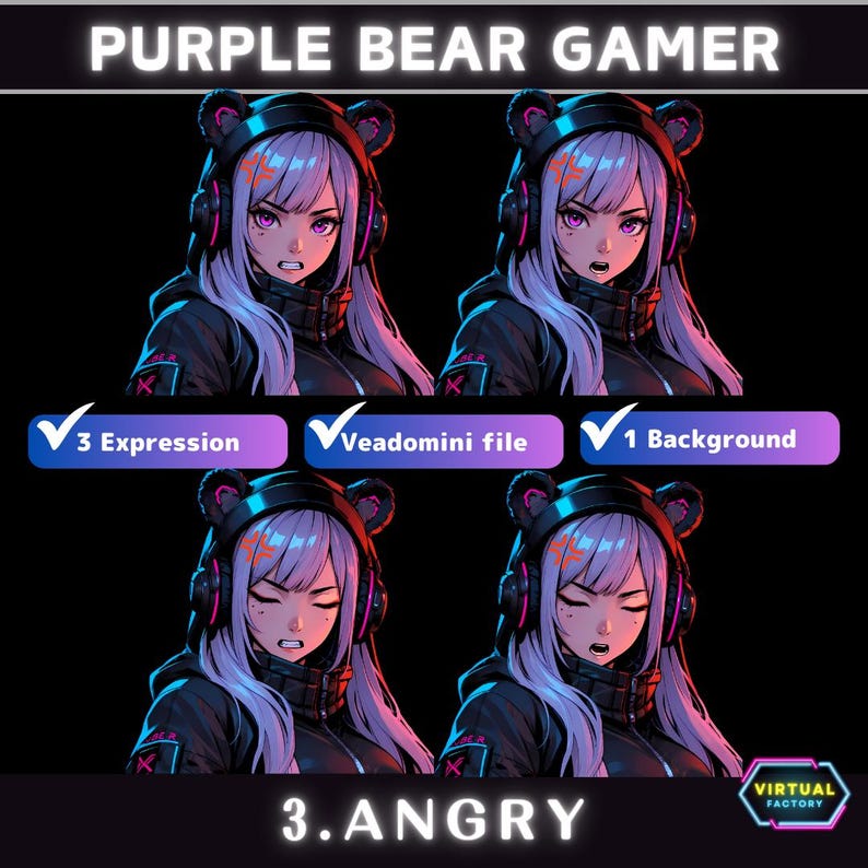 May include: Purple bear gamer avatar with three different expressions: neutral, smiling, and angry. The avatar is a female character with purple hair, black clothing, and headphones. The background is black.