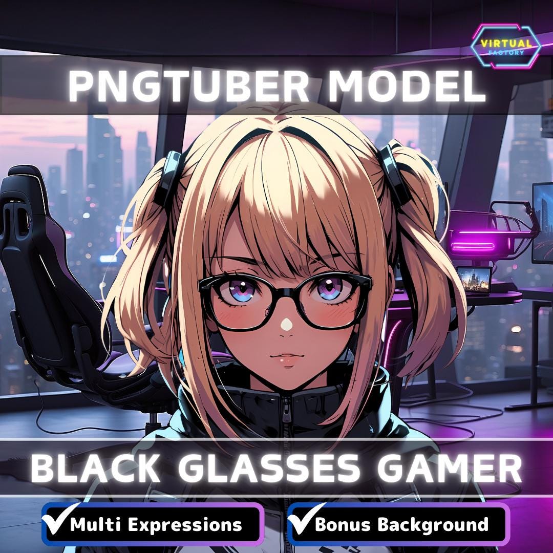 Premade PNGTuber Model Black Glasses Girl Vtuber Model Female PNG Vtuber Avatar Gaming Stream Asset Free Animated background Vtuber Room