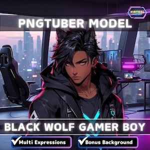 May include: A digital illustration of a black wolf gamer boy with blue and neon green accents. The character is wearing a black jacket with a wolf head design on the back. The background is a cityscape at night.