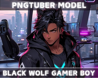 Premade PNGTuber Model Black Wolf Boy Vtuber Model Male PNG Vtuber Avatar Gaming Stream Asset Free Animated background Cyberpunk Vtuber Room