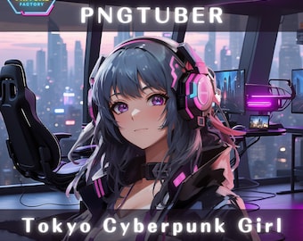 Premade PNGTuber Model Tokyo Cyberpunk Girl Vtuber Model Female PNG Vtuber Avatar Gaming Stream Asset Free Animated background Vtuber Room