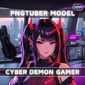 Premade PNGTuber Model Red Demon Girl Vtuber Model Oni PNG Vtuber Avatar Gaming Stream Asset with Free Animated background Cyberpunk Room