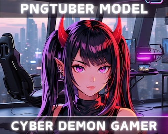 Premade PNGTuber Model Red Demon Girl Vtuber Model Oni PNG Vtuber Avatar Gaming Stream Asset with Free Animated background Cyberpunk Room