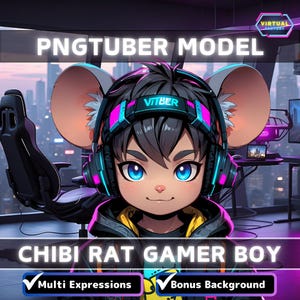 Pode incluir: Uma ilustração digital de um menino gamer rato chibi usando um fone de ouvido com a palavra "VITBER" nele. O rato está usando uma jaqueta preta e amarela e tem olhos azuis. A imagem tem o texto "PNGTUBER MODEL" e "CHIBI RAT GAMER BOY" nela.