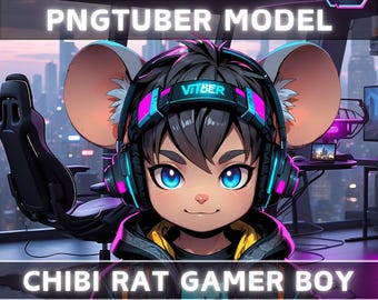 Premade PNGTuber Model Chibi Rat Boy Vtuber Model Cute Male PNG Vtuber Avatar Gaming Stream Asset Free Animated background Cyber Vtuber Room