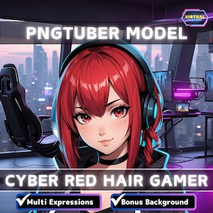 May include: PNGTuber Model: Cyber Red Hair Gamer. A digital illustration of a female anime character with red hair, wearing headphones and a black shirt. The background features a cityscape and a gaming setup.