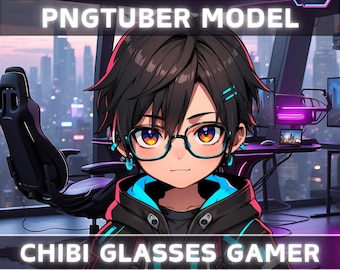 Premade PNGTuber Model Chibi Glasses Boy Vtuber Model Cute Male PNG Vtuber Avatar Gaming Stream Asset Free Animated background Vtuber Room