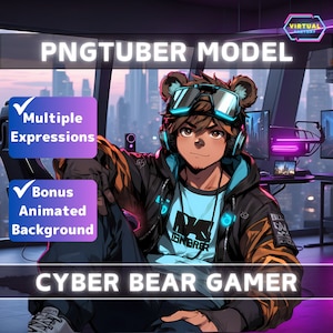 Modelo PNGTuber prefabricado Bear Boy Vtuber Modelo Masculino PNG Vtuber Avatar Gaming Stream Asset con fondo animado gratuito Cyberpunk Vtuber Room