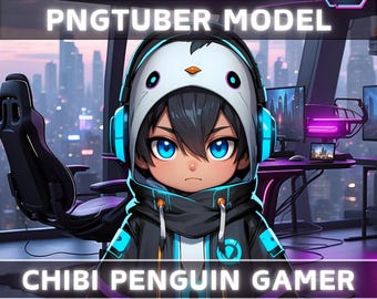 Premade PNGTuber Model Chibi Penguin Boy Vtuber Model Cute Male PNG Vtuber Avatar Gaming Stream Asset Free Animated background Vtuber Room