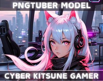 Premade PNGTuber Model Kitsune Fox Girl Vtuber Model Cute PNG Vtuber Avatar Game Stream Asset Free Animated background Cyberpunk Streaming