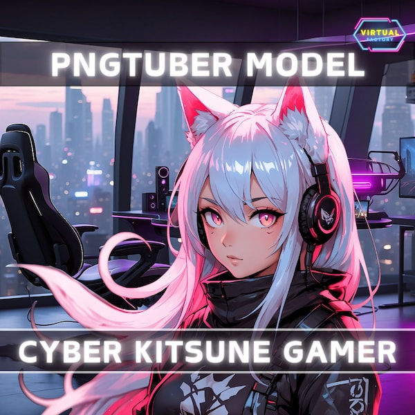 Premade PNGTuber Model Kitsune Fox Girl Vtuber Model Cute PNG Vtuber Avatar Game Stream Asset Free Animated background Cyberpunk Streaming