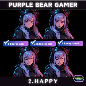 May include: Purple bear gamer avatar with purple hair and headphones. The avatar has three different expressions: neutral, smiling, and winking. The background is black.