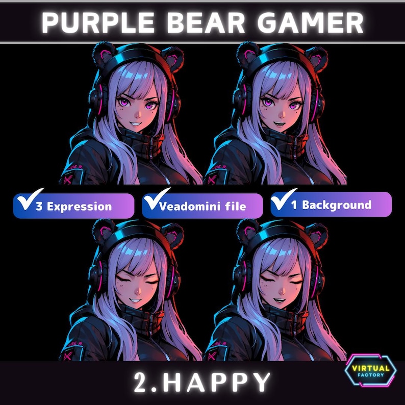 May include: Purple bear gamer avatar with purple hair and headphones. The avatar has three different expressions: neutral, smiling, and winking. The background is black.