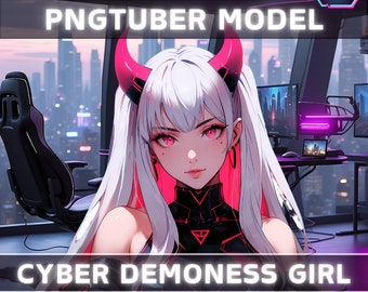 Premade PNGTuber Model Demoness Girl Vtuber Model Oni Female PNG Vtuber Avatar Gaming Stream Asset Free Animated background Vtuber Room