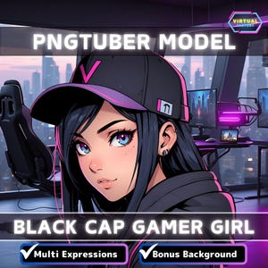 Premade PNGTuber Model Black Cap Girl Vtuber Model Cute Female PNG Vtuber Avatar Gaming Stream Asset Free Animated background Vtuber Room