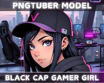 Premade PNGTuber Model Black Cap Girl Vtuber Model Cute Female PNG Vtuber Avatar Gaming Stream Asset Free Animated background Vtuber Room
