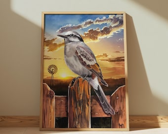 Mockingbird Art Print: Texas State Bird Watercolor Wall Decor