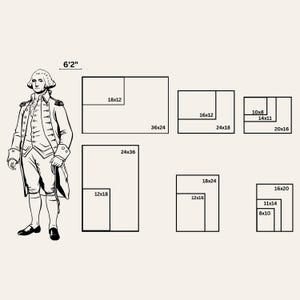 Pu&ograve; includere: Illustrazione in bianco e nero di George Washington accanto a una serie di cornici rettangolari, con dimensioni in centimetri. La figura &egrave; alta 188 cm. Le cornici variano in dimensioni, tra cui 91x61cm, 61x91cm, 46x30cm, 61x46cm, 46x61cm, 41x51cm, 41x30cm, 36x28cm, 30x46cm, 30x41cm, 28x36cm, 25x20cm e 20x25cm.