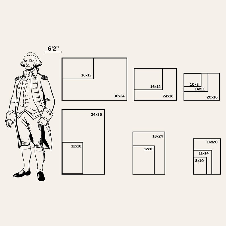 Pu&ograve; includere: Illustrazione in bianco e nero di George Washington accanto a una serie di cornici rettangolari, con dimensioni in centimetri. La figura &egrave; alta 188 cm. Le cornici variano in dimensioni, tra cui 91x61cm, 61x91cm, 46x30cm, 61x46cm, 46x61cm, 41x51cm, 41x30cm, 36x28cm, 30x46cm, 30x41cm, 28x36cm, 25x20cm e 20x25cm.