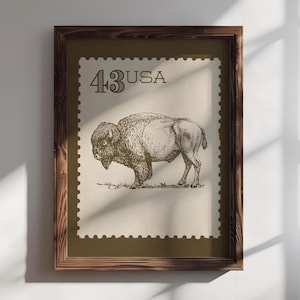 Stampa di francobolli di bufalo, poster americano, decorazione murale di bisonti, arte di francobolli postali d'epoca, stampa di animali iconici americani