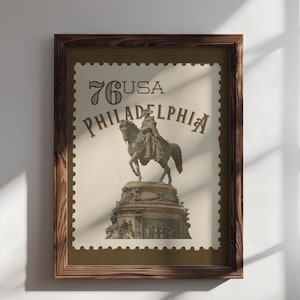 Stampa di francobolli del Monumento a Washington, poster della statua di Filadelfia, decorazione murale della Pennsylvania, arte di francobolli d'epoca