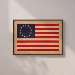May include: Framed print of the Betsy Ross flag, featuring 13 stars in a circle on a blue field and 13 red and white stripes. The flag is displayed in a black frame with a tan border, mounted on a white wall.