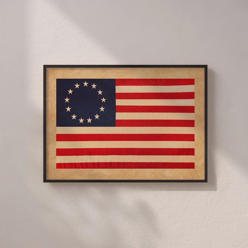 May include: Framed print of the Betsy Ross flag, featuring 13 stars in a circle on a blue field and 13 red and white stripes. The flag is displayed in a black frame with a tan border, mounted on a white wall.