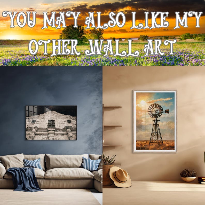 May include: The image showcases two framed wall art pieces. One is a black and white photograph of a building, and the other is a painting of a windmill in a field. The text at the top reads "YOU MAY ALSO LIKE MY OTHER WALL ART."