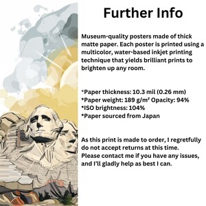 Pu&ograve; includere: Un poster di qualit&agrave; museale con un'immagine in stile acquerello del Monte Rushmore. Il poster &egrave; stampato su carta opaca spessa utilizzando una tecnica di stampa a getto d'inchiostro multicolore a base d'acqua. La carta proviene dal Giappone.