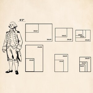 May include: A diagram showing different sizes of frames in inches, with a drawing of George Washington standing next to the largest frame, which is 6'2" tall.