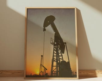Plakat przedstawiający zachód słońca na platformie wiertniczej w Teksasie: sztuka ścienna z Zachodniego Teksasu 2