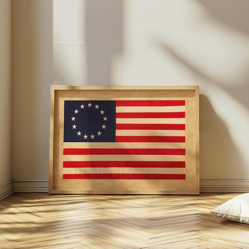 May include: Framed print of the American flag, featuring 13 stars in a circle on a blue background and red and white stripes. The flag is displayed in a light-colored wooden frame. The print is displayed on a wooden floor.