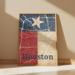 Impression de carte des rues de Houston, carte verticale de la ville du Texas, art mural drapeau du Texas, cadeau pour les Texans, décoration de carte urbaine