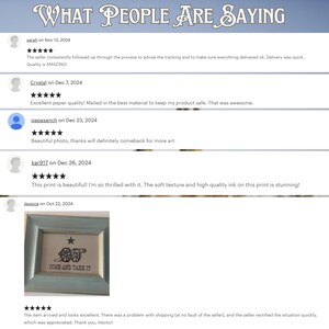 May include: A framed print with a light blue frame. The print features a black cannon and star design with the text "COME AND TAKE IT". The image also includes customer reviews with star ratings and dates.
