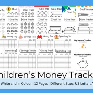 Op de afbeelding: Een Kinderen Geld Tracker met pagina's voor het volgen van doelen met illustraties van vlinders, auto's, cupcakes, appels en een spaarvarken. De titel staat in grote, zwarte letters. Verkrijgbaar in verschillende formaten, waaronder A4 (21 x 29,7 cm).