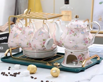 Creative pink flower ceramic coffee set | Ceramic coffee cup and saucer set | Exquisite afternoon tea set | Flower tea set
