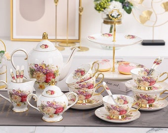 Creative floral ceramic coffee set | Afternoon tea set | Ceramic coffee cup and saucer | Hand-painted gold coffee tea set