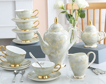 Light luxury ceramic coffee set | Ceramic coffee cup and saucer | Creative marble pattern ceramic tea set | Flower tea set | Tableware