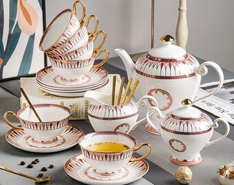 Britisches Nachmittagstee-Set | Europäisches Kaffeeset aus Keramik | Leichte Luxus-Kaffeetasse und Untertasse aus Keramik | Teeservice aus Keramik | Handgefertigte Geschenke