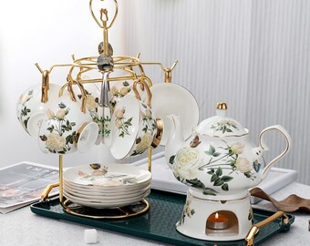 Keramik Kaffee Set | Keramik Kaffeetasse und Untertasse Set | Exquisites Nachmittagstee-Set | Blumen Tee Set | Teeparty Tee-Set | Blumen-Teekanne
