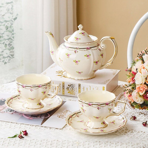Service à thé français en céramique | Service à thé rétro | Service à café européen en céramique | Tasse à café et soucoupe en or de style palace peintes à la main