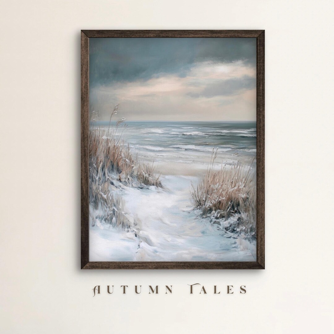 Wavey Sea Reeds Winter Coastal Wall Art Print of Snowy Beach Reeds & Wavy Ocean, Moody ...
