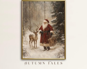 Vintage Santa Wall Art Print, Antique Chrsimas Printable Decor, Moody Snowy Pine Tree Forest and Reindeer Oil Painting, Winter Cottagecore