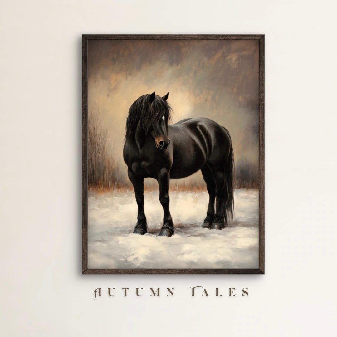 Moody Black Clydesdale Horse Wall Art Print Black Horse In Snow moody-black-clydesdale-horse-wall-art-print-black-horse-in-snow