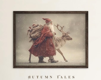 Vintage Santa and Reindeer Christmas Wall Art Print Nordic Snow Winter Wonderland Printable Digital Download Cozy Rustic Holiday Home Decor